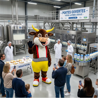 Mascotte vache rigolote en costume jaune et rouge avec cornes jaunes, saluant les visiteurs dans une usine laitière lors d’une dégustation, entourée de personnel en blouses et d’une ligne d’embouteillage.