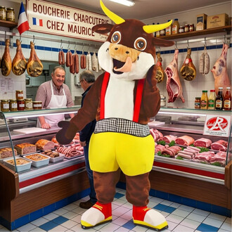 Mascotte vache rigolote en short jaune et bretelles rouges, debout dans une boucherie-charcuterie devant l’étal de viandes et saucisses, avec jambons suspendus en arrière-plan.