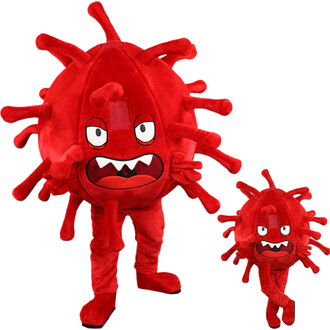 Mascotte en peluche rouge représentant un virus, avec de nombreux tentacules, de grands yeux et une bouche ouverte avec des dents pointues, version grande et version mini.