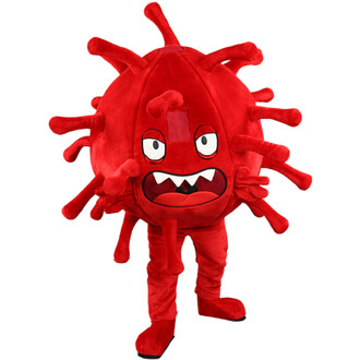 Mascotte Virus rouge en peluche, corps rond avec de nombreux tentacules, visage expressif avec yeux et bouche ouverte montrant des dents pointues, debout sur ses jambes rouges.