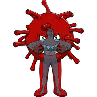 Mascotte cartoon d'un virus rouge avec des protubérances autour d'une sphère, visage agressif et silhouette humaine grise avec bras et jambes rouges.
