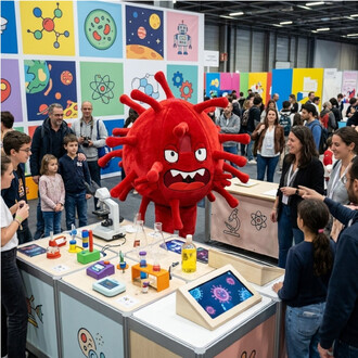 Mascotte géante rouge en forme de virus avec de nombreuses tentacules et expression furieuse, sur le stand d’une exposition scientifique, entourée de visiteurs et de matériel de démonstration (microscope, fioles, écrans tactiles) et de panneaux colorés en