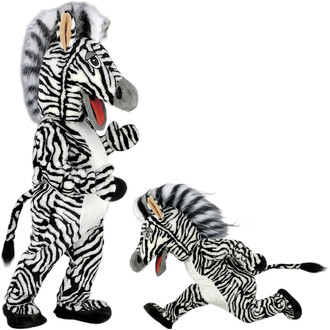 Set de deux mascottes zèbres en peluche noir et blanc, l'une debout et l'autre agenouillée, avec crinière épaisse et langue rouge apparente.