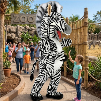 Mascotte zèbre géante en costume noir et blanc qui salue une petite fille près d’une barrière au zoo, entourée de visiteurs et d’un zèbre réel au loin.
