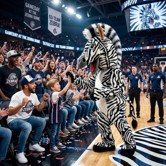 Mascotte zèbre en costume rayé saluant un jeune garçon dans le public lors d’un match de basket-ball, entouré de supporters portant des tee-shirts Zebras et de banderoles dans l’arène.