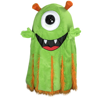 Mascotte Alien vert en peluche, avec un grand œil noir entouré de blanc, une grande bouche souriante avec deux dents blanches et des bras ouverts. Le costume est recouvert de fourrure verte et orange, avec des antennes sur le dessus de la tête.