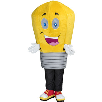 Mascotte lumineuse Bulby, vêtue d'un costume de lampe jaune avec un visage souriant, des yeux ronds et des gants blancs, porte un corps ressemblant à une ampoule et des vêtements noirs avec des chaussures rouges et blanches.