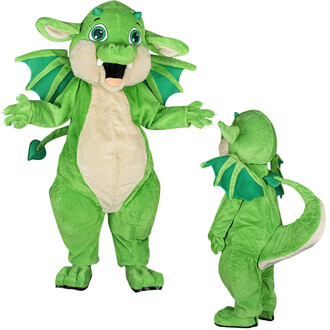 Mascotte de bébé dragon en costume vert avec des ailes vertes, créant une ambiance joviale. Le costume présente une tête avec de grands yeux et un sourire amical, ainsi qu'un ventre de couleur claire. Une petite version du dragon, portant un costume simil