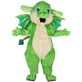 Mascotte de bébé dragon en costume vert vif avec des ailes vertes et un ventre beige, souriant avec des yeux grands et expressifs, les bras ouverts.