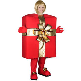 Mascotte cadeau en costume de cadeau avec des éléments rouges et dorés, présentant une personne avec une perruque blonde. Le costume est en forme de boîte-cadeau, avec des gants et des bottes assortis.