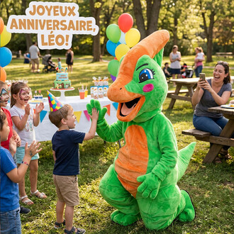 Mascotte de dinosaure Parasaurolophus verte et orange faisant un high-five à un enfant lors d’un anniversaire en plein air, entouré de ballons colorés et d’un gâteau, avec une pancarte « Joyeux anniversaire, Léo ! » en arrière-plan.