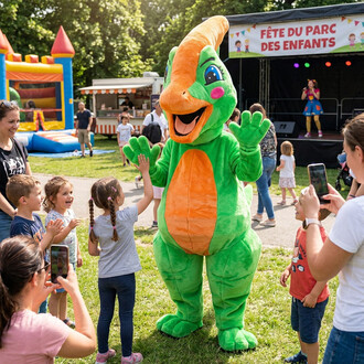 Mascotte Dinoz Parasaurolophus vert et orange saluant des enfants lors d’un festival en plein air, avec scène et stands en arrière-plan.