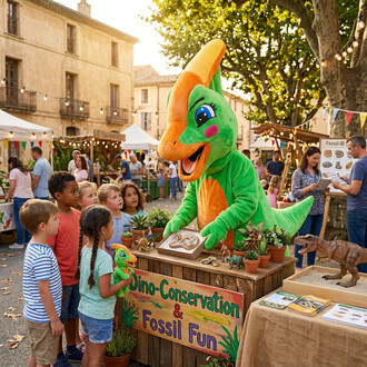 Costume géant vert et orange de Dinoz le Parasaurolophus interagissant avec des enfants près d’un stand pédagogique Dino-Conservation & Fossil Fun présentant fossiles et figurines de dinosaures.