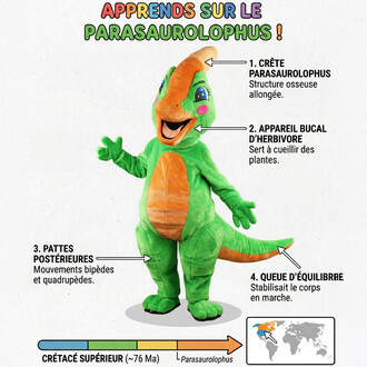 Mascotte peluche verte et orange représentant un Parasaurolophus Dinoz, debout, avec flèches et légendes décrivant sa crête, son bec, ses pattes et sa queue.