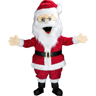 Mascotte représentant le père Noël, vêtue d'un costume rouge avec des bordures blanches, un chapeau de Noël et des lunettes. Elle a un visage joyeux avec une barbe blanche abondante et des mains ouvertes, prête à accueillir.