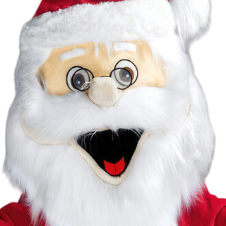 Masque de mascotte représentant le Père Noël, avec une grande barbe blanche, un chapeau rouge, des lunettes rondes et une large bouche sourire.