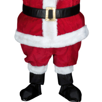 Détails du bas du costume de mascotte de père Noël, incluant une combinaison rouge ornée de fourrure blanche, une ceinture noire avec une boucle dorée, et des bottes noires.