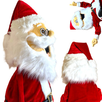 Mascotte représentant un papa Noël avec un chapeau rouge, une longue barbe blanche en fausse fourrure, des lunettes et un costume rouge. L'animation montre plusieurs angles de la mascotte, mettant en avant son sourire et son allure joyeuse.