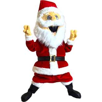 Mascotte représentant un père Noël joyeux, portant un costume rouge avec des bords en fourrure blanche, une ceinture noire et un chapeau de Noël. Il a une grande barbe blanche et des yeux ronds, affichant un large sourire en posant avec les bras levés en 