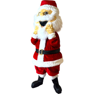 Mascotte représentant un papa Noël, portant un costume rouge avec des détails en fourrure blanche, une ceinture noire, et un bonnet rouge. La mascotte a un visage souriant avec des lunettes et une barbe blanche fournie, les mains levées avec un geste joye