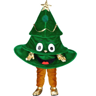 Mascotte représentant un sapin de Noël cartoon, avec un visage souriant, des yeux grands ouverts, et une bouche rouge. Le costume est vert avec un sommet en forme d'étoile dorée et des gants dorés, accompagné de pantalons marron.