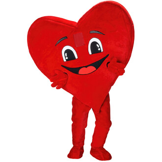 Mascotte en forme de cœur rouge, avec un visage souriant, de grands yeux ronds et des bras ouverts. La mascotte porte un costume en tissu rouge et se tient debout, prête à accueillir et à divertir.