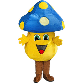 Costume représentant un personnage de champignon souriant avec un chapeau bleu à pois jaunes, une robe jaune, et des bras ouverts pour accueillir.