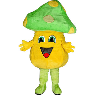 Costume de champignon souriant, avec un chapeau vert à pois jaunes, un corps jaune, des bras et jambes verts, et un visage heureux.