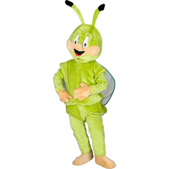 Costume de mascotte en forme d'insecte avec un corps vert, des antennes noires et un sourire amical, portant des gants beige et des chaussures assorties. Le costume inclut également des ailes transparentes.