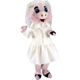 Marionnette en forme de cochon habillée en mariée, avec une robe blanche, un voile et un grand sourire.