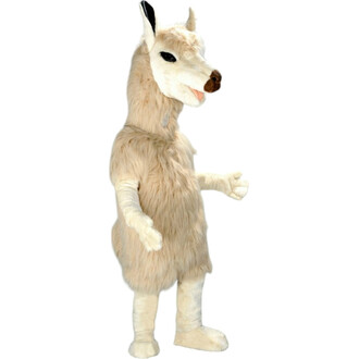 Costume de mascotte en forme de lama, avec une fourrure claire, une tête de lama réaliste et des bras articulés.