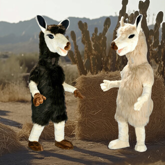 Deux mascottes de lamas en costume, l'une noire et l'autre beige, se tiennent devant des bottes de foin dans un paysage désertique avec des montagnes en arrière-plan. Les costumes présentent des détails réalistes, y compris des têtes de lama avec des yeux