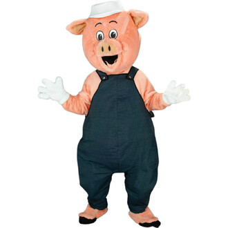 Costume de mascotte représentant un cochon souriant, portant une salopette en denim et un chapeau blanc. Le personnage a des bras ouverts, donnant une impression amicale et accueillante.