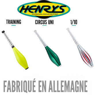 Três claves de malabarismo Albatros de 52 cm/236 g em amarelo neon, verde e prata com listras vermelhas e brancas, com o logotipo da Henrys e a inscrição "Made in Germany".