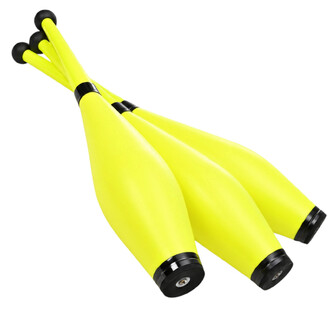 Trois massues de jonglerie Circus jaune fluo avec embout rond noir, disposées en éventail sur fond blanc