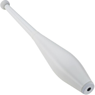 Massue de jonglerie Delphine blanche, longueur 49 cm ou 52 cm, corps cylindrique et extrémité ronde en gros plan.