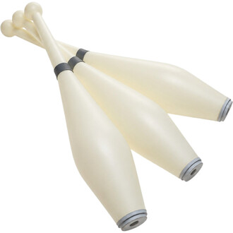 Three white Flare juggling clubs, arranged in a fan shape, with grey tips and rings.