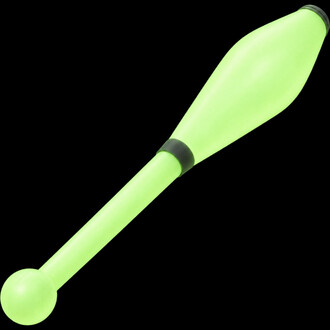 Fluorescent green Flare juggling club on a black background, showing the luminous body, handle and club head.
