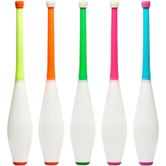 Cinq massues Numbers de Henrys alignées, corps blancs et manches néon (jaune, orange, vert, rose et bleu).
