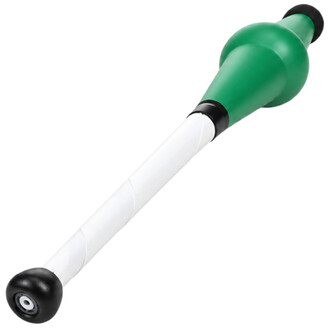 Clava da giocoleria Radical Fish verde e bianca con corpo a forma di pesce, punte nere e manico bianco segmentato, vista di profilo su sfondo bianco.