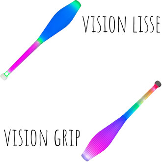 Drie Vision Flowtoys-clubs in een regenboogkleurverloop op een witte achtergrond, met de tekst Vision Grip.