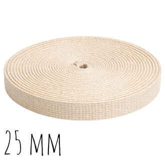 Mèche Kevlar beige, bande tissée de 25 mm de largeur, enroulée en rouleau.