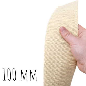Mèche Kevlar beige de 100 mm tenue par une main, texture tissée visible