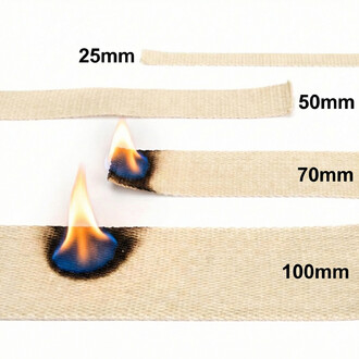 Mèche Kevlar beige en fibre aramide, démonstration de résistance à la flamme sur des mèches de 25, 50, 70 et 100 mm.