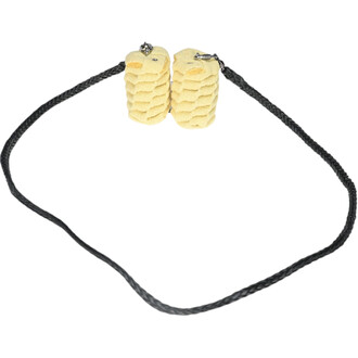 Attribut alt : Deux masses de jonglage Meteor Twista en forme de cylindre avec une texture jaune, reliées par une corde noire tressée.