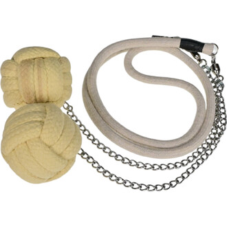 Météore de feu Gora composé de deux balles en cordage beige reliées par une chaîne métallique et une corde.