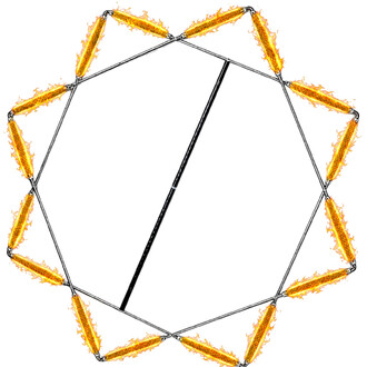 Mexikanischer Jonglierstern, sternförmiger Rahmen mit orangefarbenen und gelben flammenden Segmenten, die durch Metallbeschläge auf weißem Hintergrund verbunden sind.
