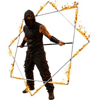 Jongleur in Schwarz mit Kapuze und Maske, der einen Metallrahmen in Form eines lodernden Sterns mit flammenden Rändern hält (Accessoire: Mexikanischer Stern).