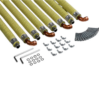 Mexican Star Teilekit: olivgelbe geflochtene Schläuche mit Kupferendkappen, Metallfittings, Inbusschlüssel und kleine Sätze von Dichtungen und Schrauben.