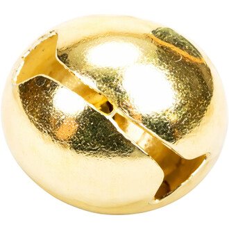 Mini grelot de 14 mm en couleur or, présentant une surface brillante et réfléchissante, avec une fente visible sur le côté.
